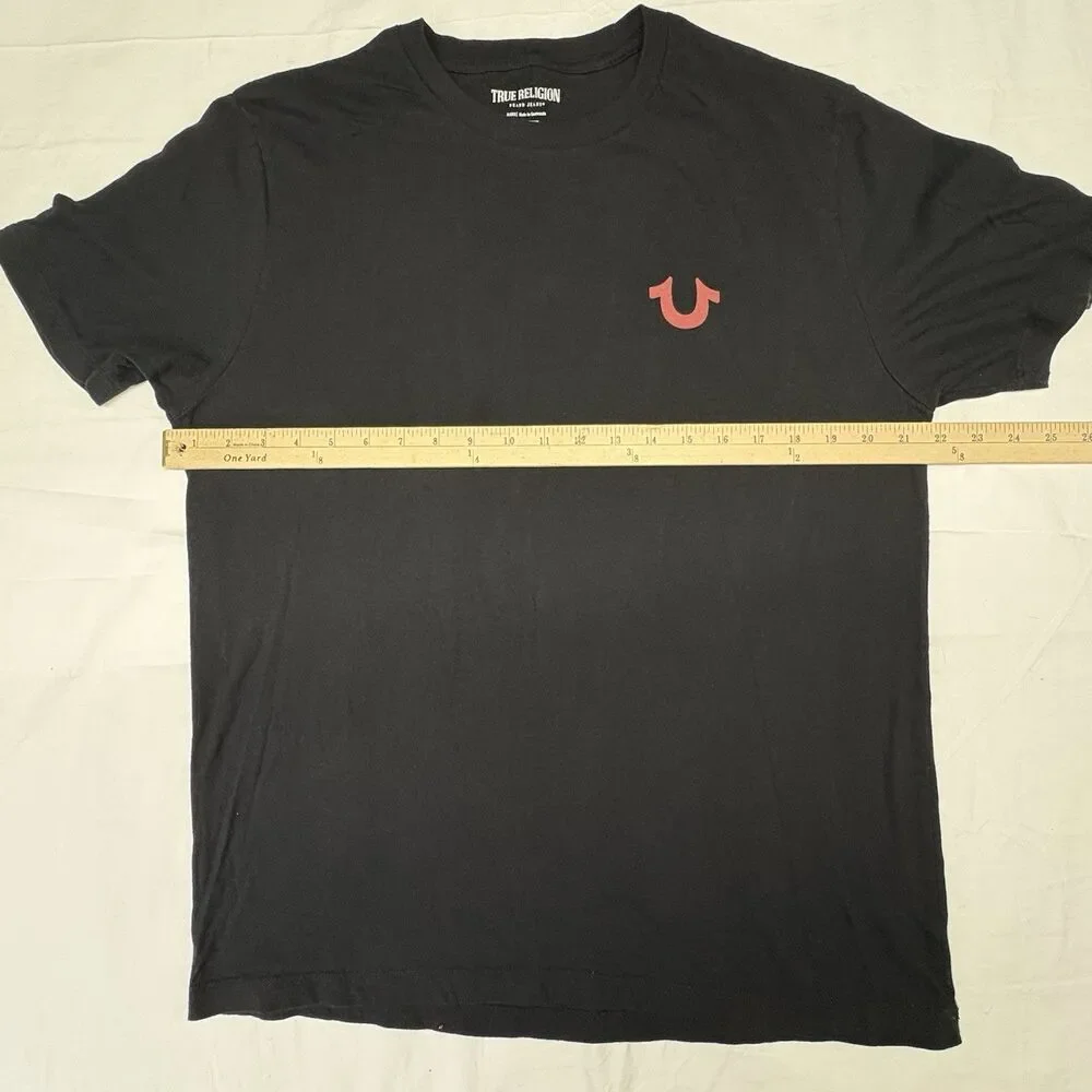 True Religion Mens XL Black T-Shirt Red Horseshoe Logo Cotton Crew Neck Tee